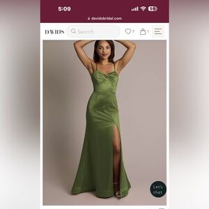 David's Bridal Olive Green Satin Spaghetti-Strap Gown with Side Slit